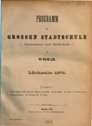 Programm der Großen Stadtschule zu Wismar. 1875/76