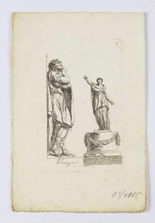 Mann in einem Gewand, an eine Wand angelehnt und Frau in einem langen Gewand auf einem Sockel, Blatt 7 der Folge "Premier Recueill de Figures Drapées"