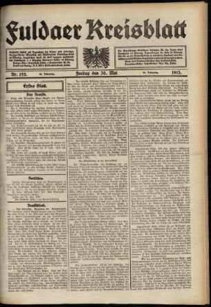 Erste Ausgabe vom Freitag, den 30. Mai 1913.