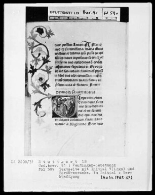 Gebetbuch des Konrad Peutinger — Initiale V (irgo templum), darin Verkündigung, Folio 59verso