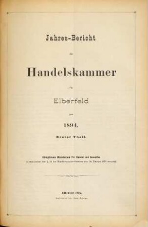 Jahresbericht der Handelskammer zu Elberfeld. 1894 (1895)