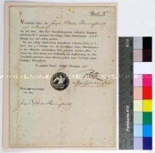 Entlassungsschein für den Jäger Wilhelm Hammerschmidt aus freiwilligen Jäger-Detachement des 2. Brandenburgischen Infanterieregiments