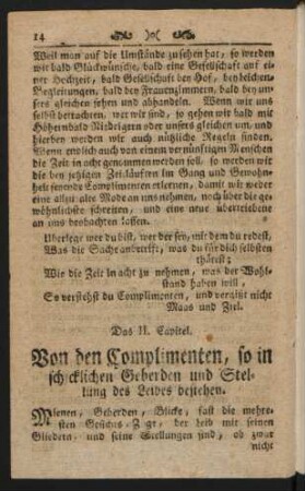 Das II. Capitel. Von den Complimenten, so in schicklichen Geberden und Stellung des Leibes bestehen