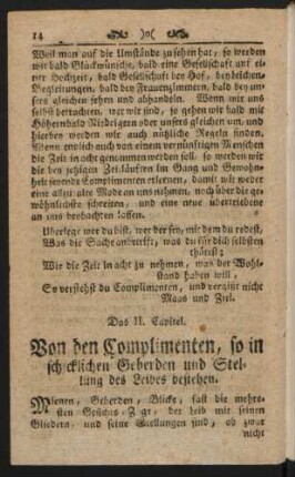 Das II. Capitel. Von den Complimenten, so in schicklichen Geberden und Stellung des Leibes bestehen