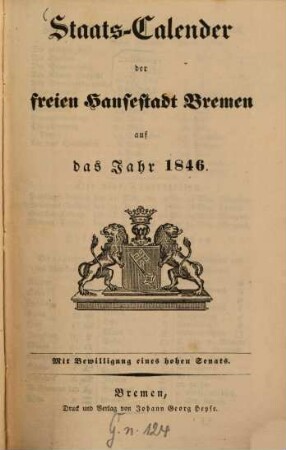 Staats-Calender der Freien Hansestadt Bremen : auf d. Jahr ... 1846