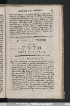 M. Tullii Ciceronis De Fato Liber Singularis.