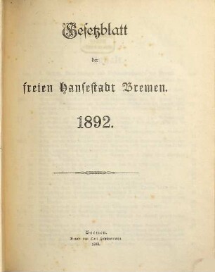 Gesetzblatt der Freien Hansestadt Bremen, 1892. - 1893