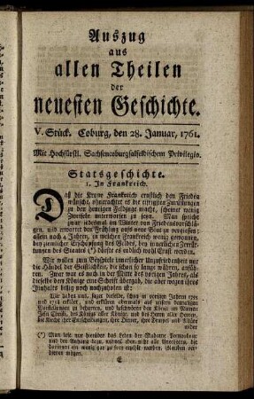 V. Stück. Coburg, den 28. Januar, 1761.
