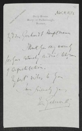 Brief von John Galsworthy an Gerhart Hauptmann