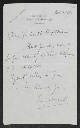 Brief von John Galsworthy an Gerhart Hauptmann