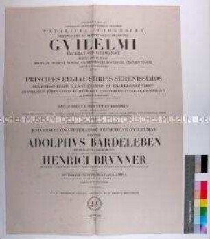 Einladung zu Vorträgen von Adolf von Bardeleben und Heinrich Brunner an der Friedrich-Wilhelm-Universität zu Berlin am 22.3.1876 in deutscher Sprache (in lateinischer Sprache)