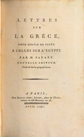 Lettres sur la Grèce : pour servir de suite celles sur l'Egypte