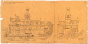 Schloss Kynau Umbau: Aufrisse Parkseite, Südseite, Maßstabsleisten (Meter und Fuß)