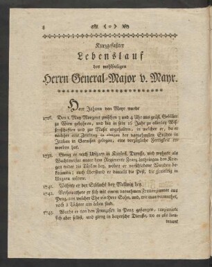 Kurzgefaßter Lebenslauf des wohlseeligen Herrn General-Major v. Mayr.