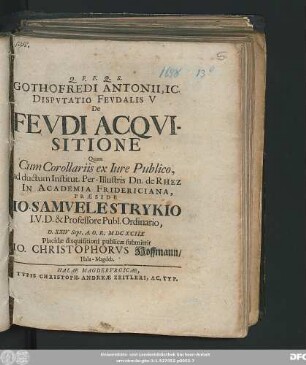 Gothofredi Antonii, IC. Disputatio Feudalis V De Feudi Acquisitione