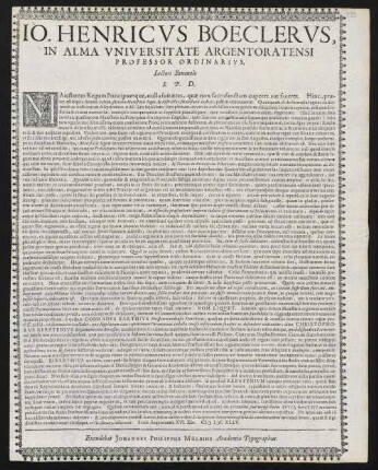 Io. Henricvs Boeclervs, In Alma Vniversitate Argentoratensi Professor Ordinarivs, Lectori Beneuolo S. P. D.