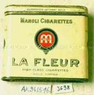 Blechdose für 20 Stück "MANOLI CIGARETTES M LA FLEUR HIGH CLASS CIGARETTES GOLD TIPPED"