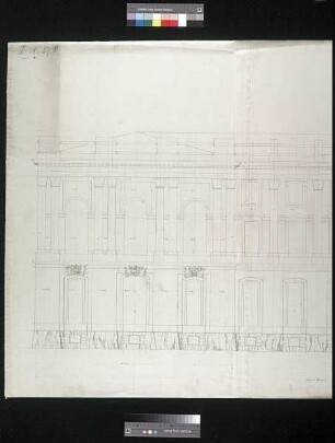 Aufriss des Ostteils des Hauptgebäudes von der Elbseite, einschließlich Mittelrisalit mit Architekturdetails