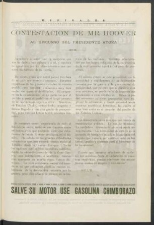 Contestación de Mr. Hoover al discurso del Presidente Ayora