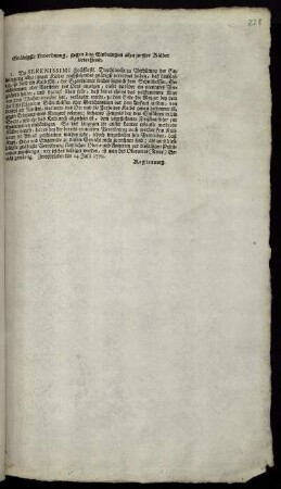 Gnädigste Verordnung, gegen das Einbringen allzu junger Kälber betreffend : Zweybrücken den 14 Julii 1770.