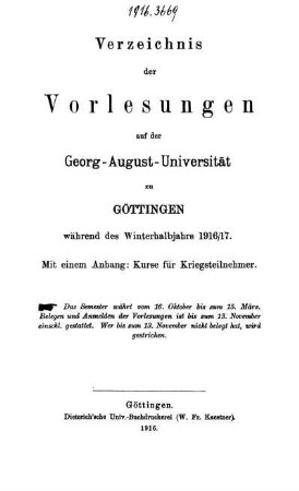WS 1916/17: Verzeichnis der Vorlesungen