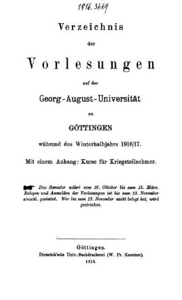 WS 1916/17: Verzeichnis der Vorlesungen