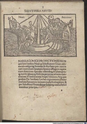 Stultifera navis : Mit Vorrede, Brief an den Autor, Freiburg 1.2.1497, und an Johann Bergmann, Freiburg 1497, und Gedichten u.a. an die Leser, den Autor und Johann Bergmann von Jakob Locher, vom Autor an Locher und von Thomas Beccadellus an den Autor und Johann Bergmann