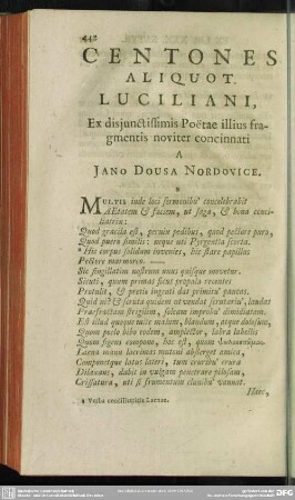 Centones Aliqout Luciliani, Ex disiunctissimis Poetae illius fragmentis noviter concinnati A Jano Dousa Nordovice