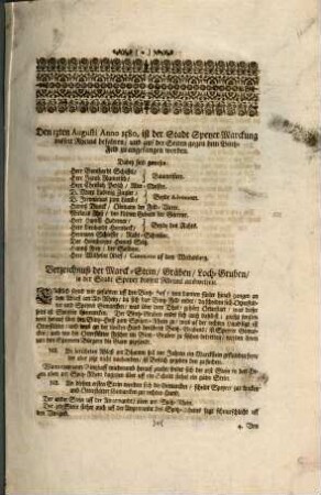 Den 13ten Augusti Anno 1580. ist der Stadt Speyer Marckung disseit Rheins befahren und auf der Seiten gegen dem Bintz-Feld zu angefangen worden ... : Verzeichnuß der Marck-Stein, Gräben, Loch-Gruben, so der Stadt Speyer disseit Rheins ausweisen