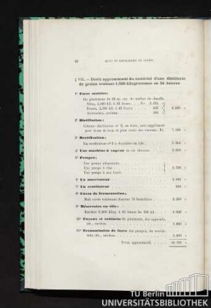 § VIII. Devis approximatif du matériel d'une distillerie de grains traitant 1,500 kilogrammes en 24 heures