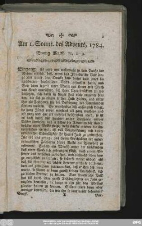 Am 1. Sonnt. des Advents, 1784. Evang. Matth. 21, 1 - 9.