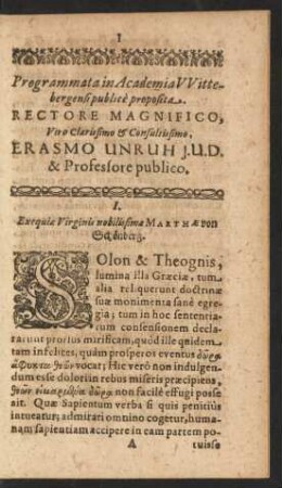 I. Exequiae Virginis nobilissimae Marthae von Schönberg.