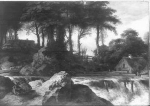 Landschaft mit Wasserfall, Bauernhütten und Staffage