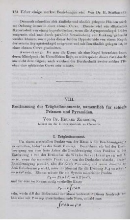 VIII. Bestimmung der Trägheitsmomente, namentlich für schiefe Prismen und Pyramiden.