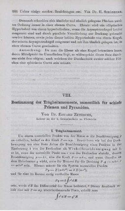 VIII. Bestimmung der Trägheitsmomente, namentlich für schiefe Prismen und Pyramiden.