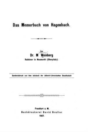 Das Memorbuch von Hagenbach / von M. Weinberg