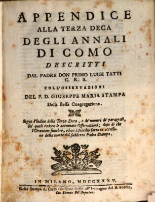 Degli annali sacri della città di Como, 4. Appendice alla terza deca. - 1735