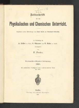 33.1920: Zeitschrift für den physikalischen und chemischen Unterricht