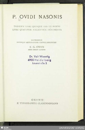 P. Ovidii Nasonis Tristivm libri qvinqve, Ibis, Ex Ponto libri qvattvor, Halievtica, Fragmenta