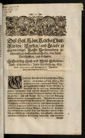 1-4, Deß Heil. Röm. Reichs Churfürsten, Fürsten und Stände zu gegenwärtiger Reichs-Versammlung gevollmächtigte hochansehentliche Hrn. Hrn. Räth, Bottschafften und Gesandte