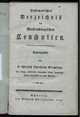 Systematisches Verzeichniß der Mecklenburgischen Conchylien
