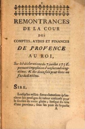 Remontrances de la cour des comptes, Aydes et finances de provence