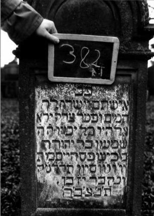 Grabstein 382 (Index: 100111857) Material: Sandstein Zustand: leicht verwittert Maße HxBxT: 128x55x30 cm Beschreibung: Stele, profilierter Sockel, eingezogener Rundbogenabschluß, rechteckiges Schriftfeld eingetieft: Grabstein 382R-F (?)