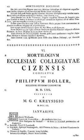 VI. Mortilogium Ecclesiae Collegiatae Cizensis completum per Philippum Holler,...