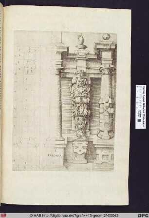 Toskanische Ordnung. Zwei toskanische Säulen mit Gebälk und Atlant.