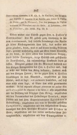 217-220 "Observations adressées à M. Ch. L. de Haller, sur la lettre par laquelle il annonce à sa famille son retour à l'église de Rome" von L. Manuel