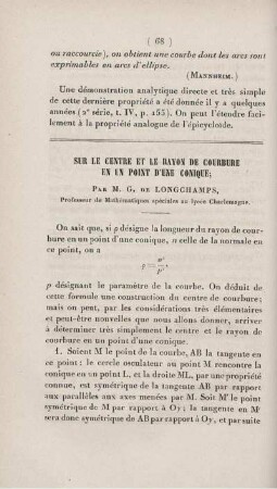 Sur le centre et le rayon de courbure en un point d'une conique.