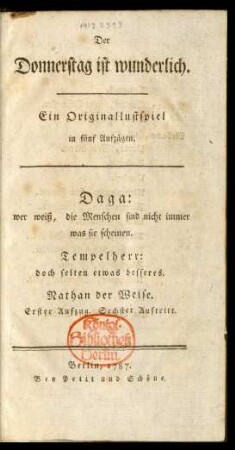 Der Donnerstag ist wunderlich : Ein Originallustspiel in fünf Aufzügen