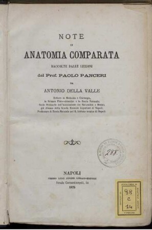 Note Di Anatomia Comparata Raccolte Dalle Lezioni del Prof. Paolo Panceri