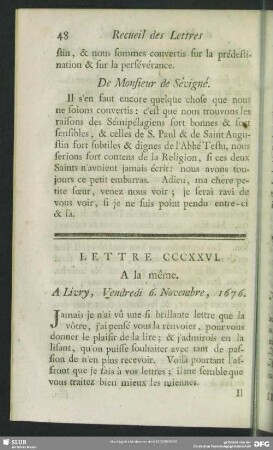 Lettre CCCXXVI. A la même. A Livry, Vendredi 6. Novembre, 1676